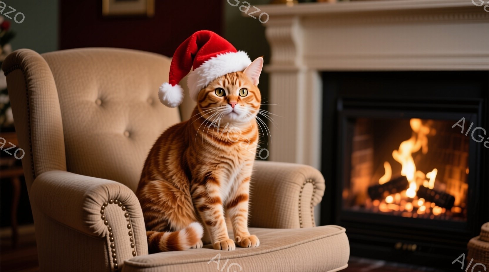 縞模様のオレンジ色の猫が、クリーム色の肘掛け椅子に座っており、頭には赤いサンタ帽を被っています。猫は正面を見て、落ち着いた表情を浮かべています。背景には暖炉があり、炎が燃えており、暖かく居心地の良い冬 - AI生成フリー素材