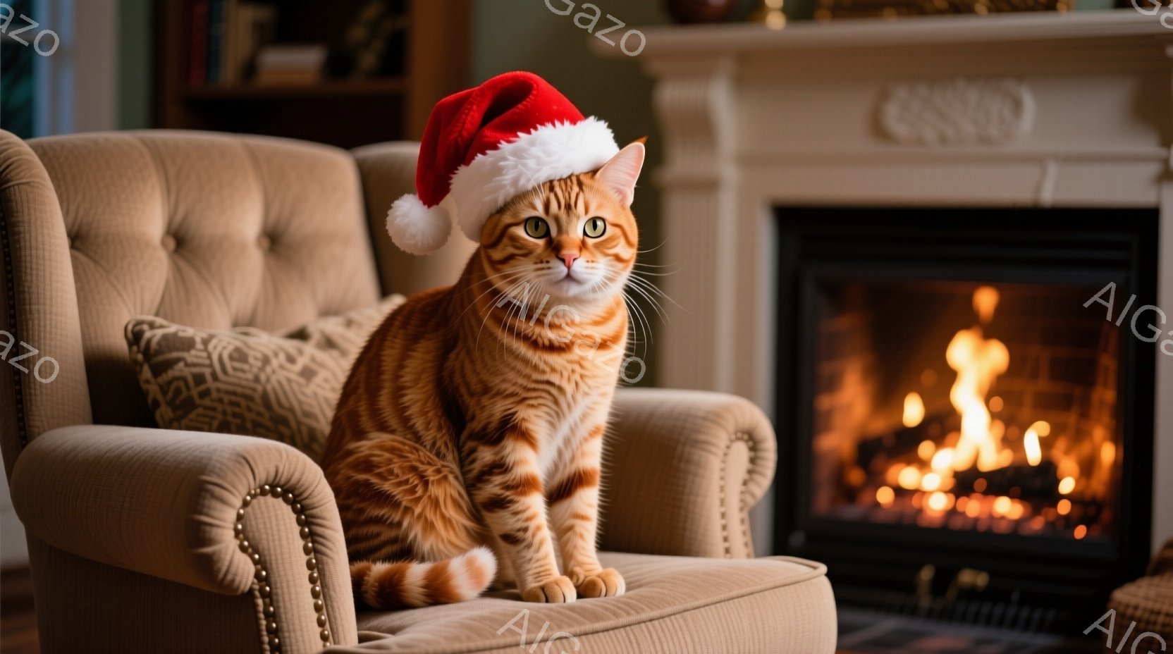 鮮やかなオレンジ色の毛並みを持つ猫が、クリスマスの赤い帽子を被って、鋲付きのベージュ色の肘掛け椅子に座っています。猫はリラックスした表情で正面を見つめており、背景には暖炉の炎が燃え盛っています。部屋は暖かく、快適な雰囲気で、クリスマスの季節感を演出しています。
