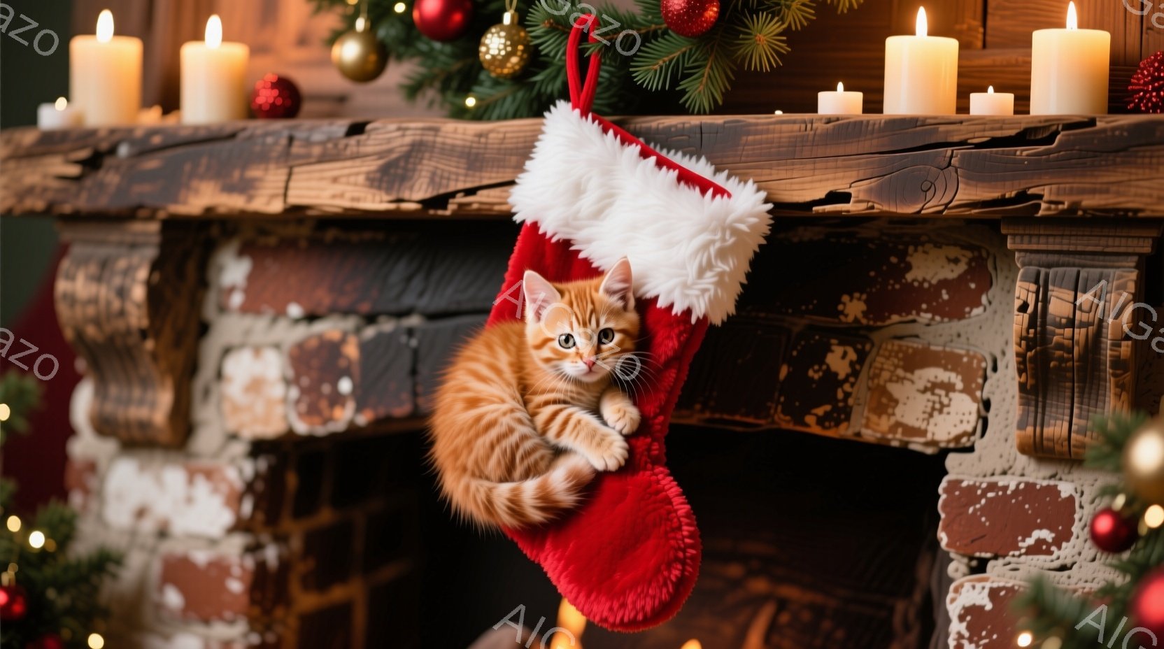 暖炉の棚に飾られた赤いクリスマスストッキングの中に、オレンジ色の毛並みの小さな子猫が丸まって入っています。子猫は好奇心旺盛な表情で、少しだけ顔を出してこちらを見ています。背景にはクリスマスツリーの飾りや灯りが暖かく、冬のホリデシーズンを祝う雰囲気です。