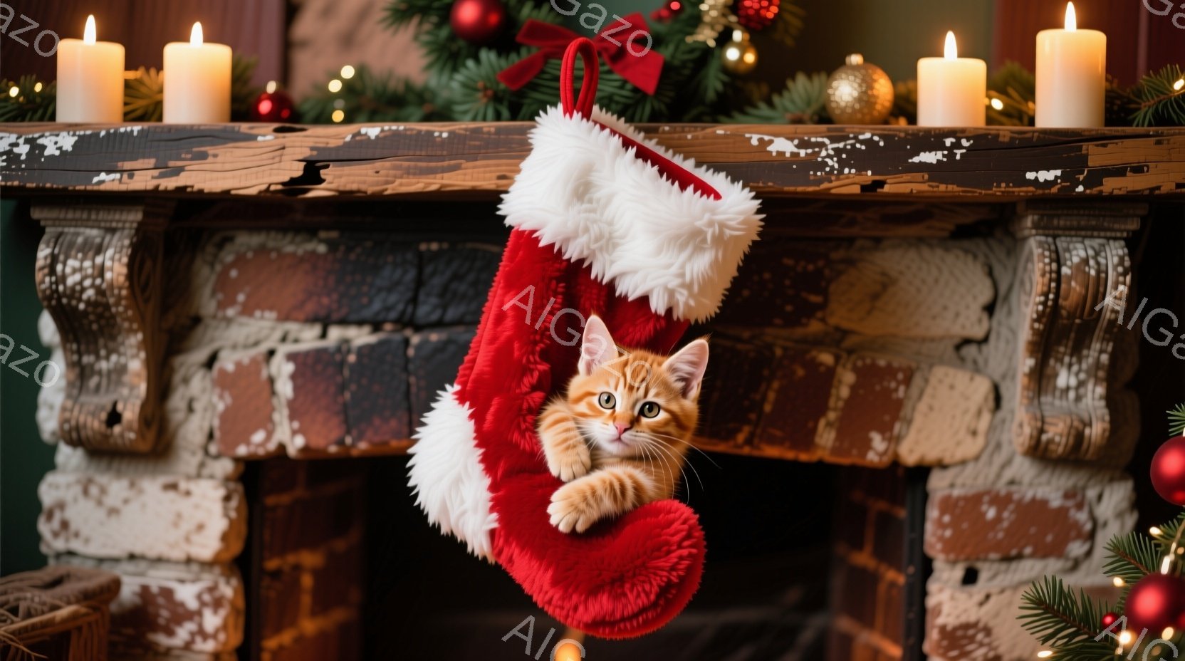 赤いクリスマスストッキングの中に、オレンジ色の小さな子猫が顔を出しています。子猫は好奇心いっぱいの表情で、片手をストッキングの縁にかけ、こちらを見つめています。背景には、クリスマスツリーと明かりが灯っ - AI生成フリー素材
