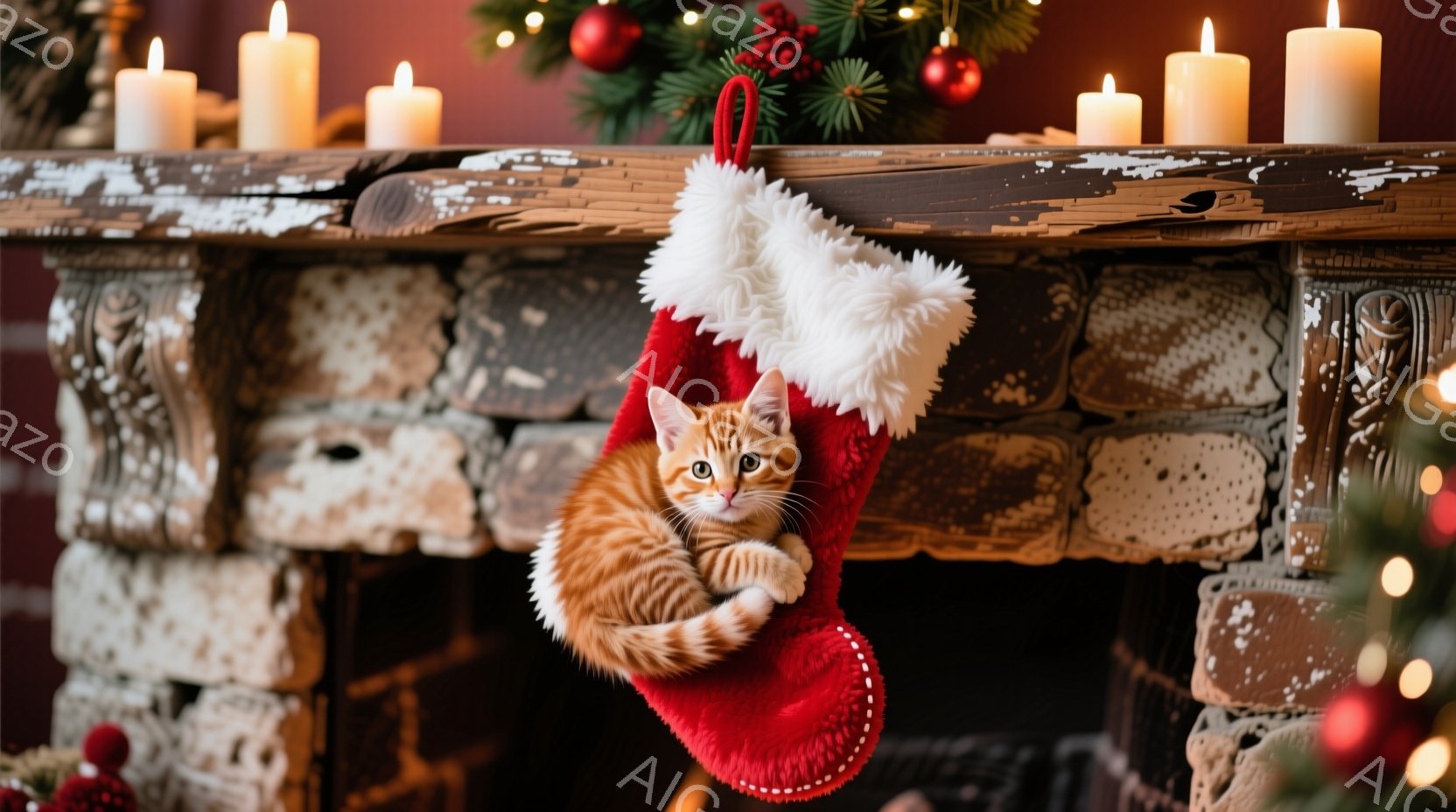 この、中央に描かれたオレンジ色の長毛の子猫がいる。猫は白い鼻とつばを持ち、体全体に平和な表情をしており、左腕にはベルが付いている。猫はサンタ袋の中に入っており、そのサンタ袋は赤と白の対称性を持つものであり、上部にはサンタクロースがつけられている。 全体的に、寒さを強調しながらも、心地よく暖かく、クリスマスの雰囲気を出している。猫は安らぎと幸せを象徴する存在であり、サンタ袋がクリスマスに関連するアイテムであるため、画像全体として楽しいお忙しさの中に位置づけられる。