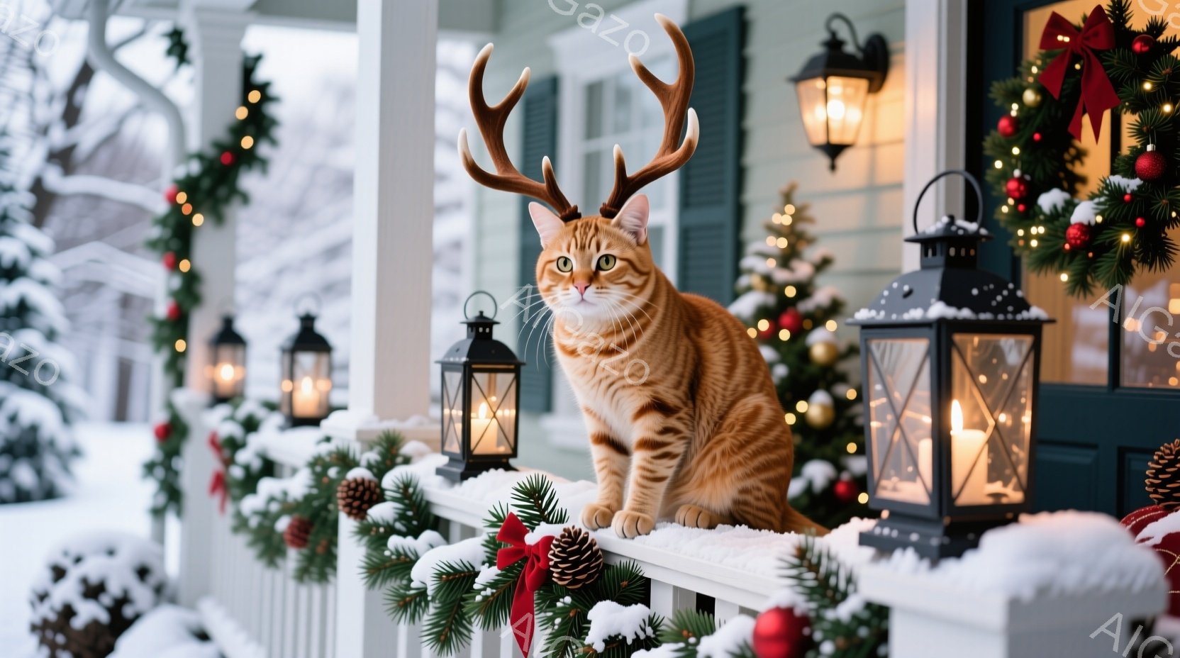 暖炉の光が灯る、クリスマスの飾り付けがされたベランダに、角飾りをつけたオレンジ色の猫が座っています。猫は正面を見ており、少し不思議そうな表情をしています。背景には雪景色と、クリスマスツリー、そして点灯 - AI生成フリー素材