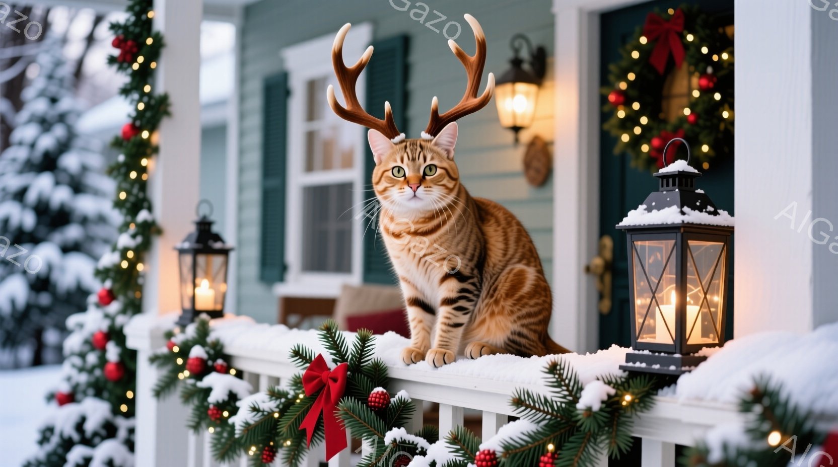 白い手すりに座った虎柄の猫が、クリスマス風の角飾りをつけてこちらを見ています。背景には、クリスマスリースやイルミネーションで飾られた緑色の家があり、雪が積もった庭と暗い空が広がっています。全体的に暖か - AI生成フリー素材