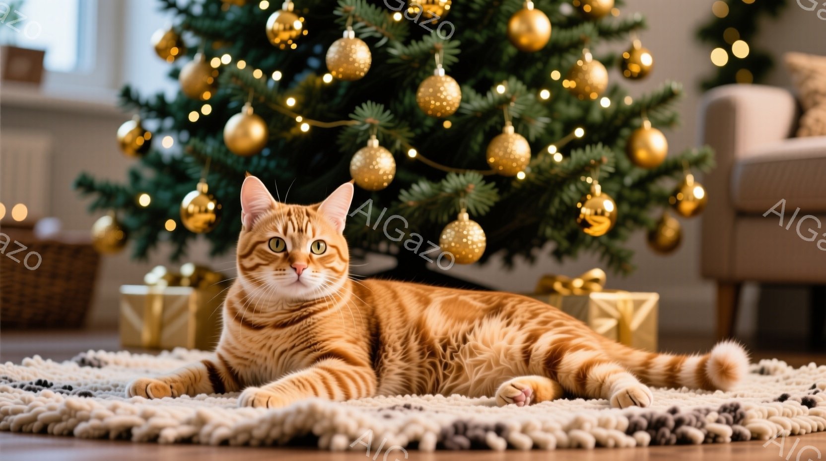 明るいリビングルームの中央で、オレンジ色の縞模様の猫が、白い毛足の長いラグの上でゆったりと横たわっています。背景には、金色のオーナメントで飾られたクリスマスツリーと、プレゼントボックスがいくつか置かれ - AI生成フリー素材