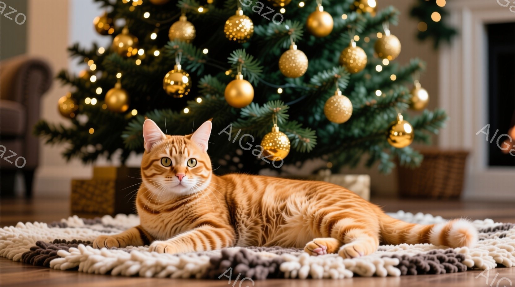 オレンジ色の縞模様の猫が、ベージュとグレーの毛糸で作られた丸いラグの上に横たわっています。背景には、金色のオーナメントと点滅するライトで飾られたクリスマスツリーがあり、暖かくお祝いの雰囲気を醸し出しています。猫はリラックスした表情でカメラを見つめ、穏やかで心地よい空間を作り出しています。