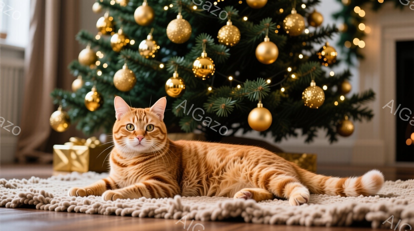 明るい茶色の縞模様の猫が、ベージュ色のフリンジ付きラグの上に横たわっています。背景には、金色のオーナメントと光で飾られたクリスマスツリーがあり、ギフトボックスも置かれています。全体的に暖かく、穏やかで、ホリデーシーズンらしい雰囲気です。