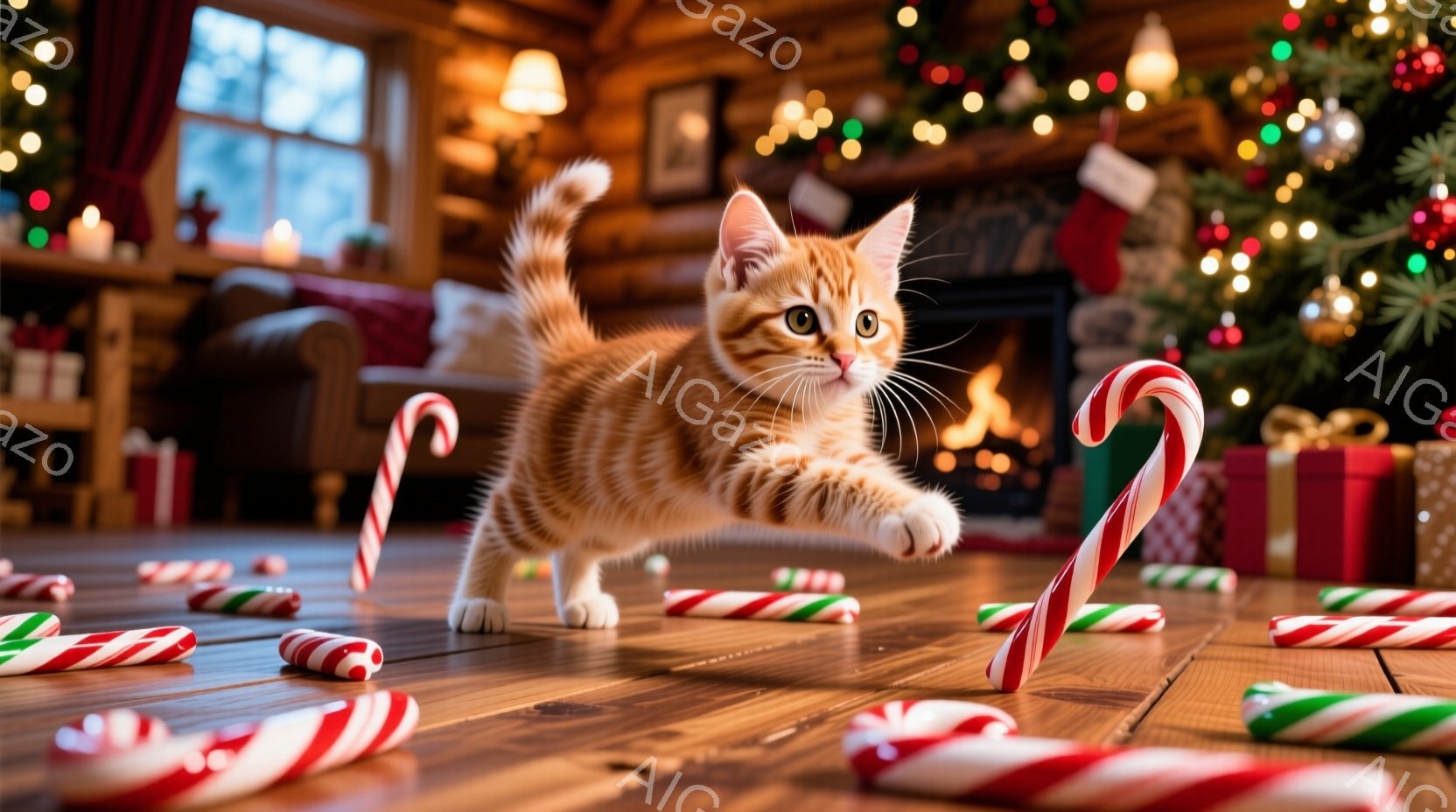 明るい木製の床に、オレンジ色の縞模様の小さな子猫が、クリスマスキャンディケーンを追いかけるように飛び跳ねています。背景には、クリスマスツリーや暖炉、プレゼントの箱が見え、暖かく、お祝いムードいっぱいの - AI生成フリー素材