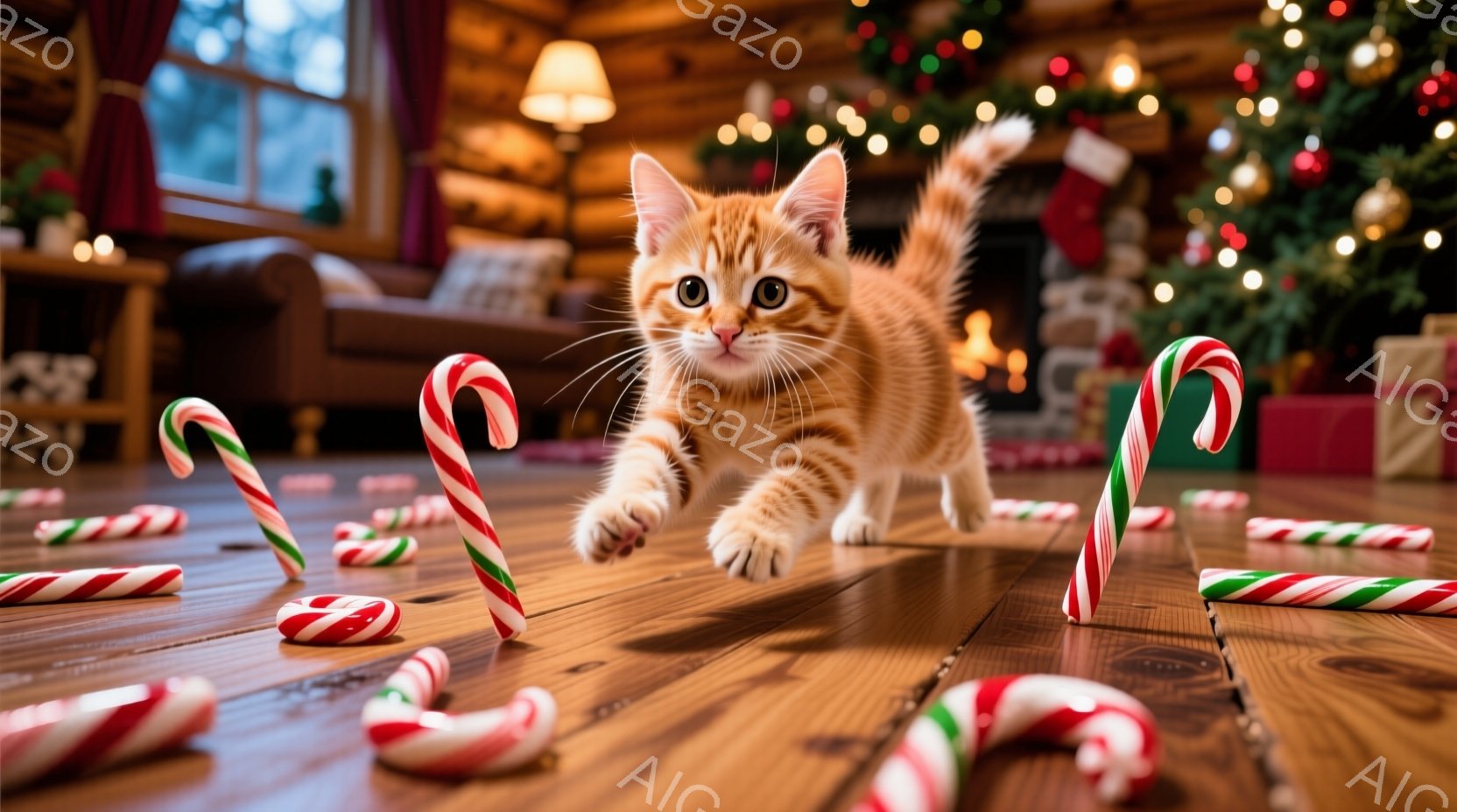 暖炉のある木の床に、茶色の縞模様の小さな子猫が駆け寄る様子が写っています。床には様々な大きさのキャンディケーンが散らばり、背景にはクリスマスツリーと暖炉が見え、温かくお祝いの雰囲気が漂っています。子猫 - AI生成フリー素材