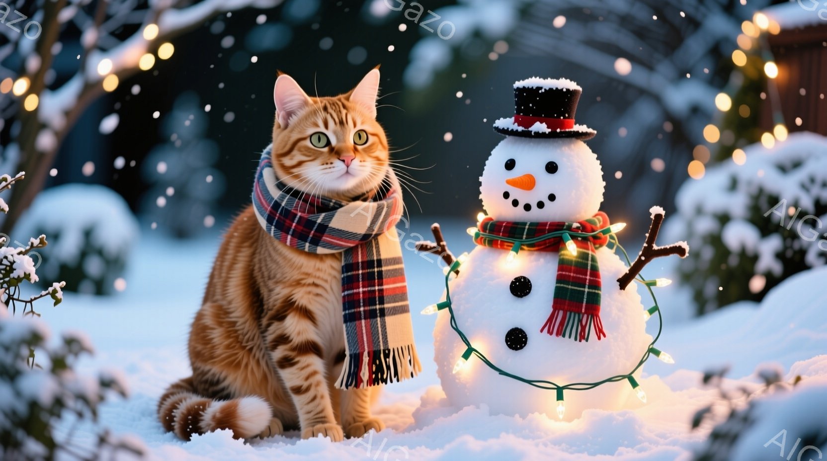 鮮やかなオレンジ色の毛並みを持つ猫が雪の上に座り、首には赤と白のチェック柄のマフラーが巻かれています。その隣には、にんじんの鼻と石炭のような目で作られた雪だるまが立っており、カラフルな電飾で飾られてい - AI生成フリー素材
