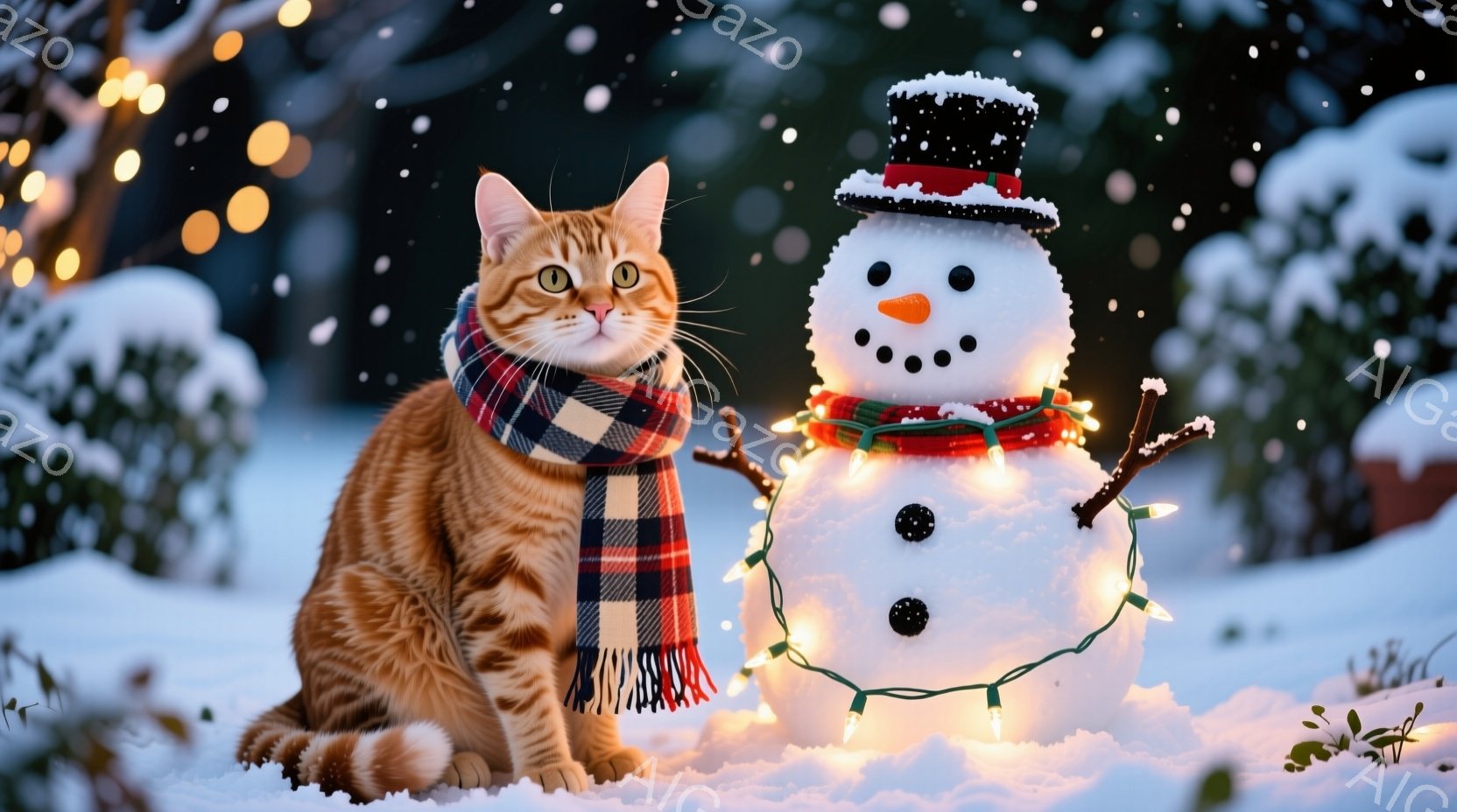 オレンジ色の縞模様の猫が雪の上に座り、首にチェック柄のマフラーを巻いています。その猫の隣には、小さな雪だるまが立っており、頭にはシルクハット、鼻にはにんじん、そしてカラフルな電飾が飾られています。背景は雪景色で、ぼやけた緑の植物と輝く光が暖かく冬らしい雰囲気を醸し出しています。
