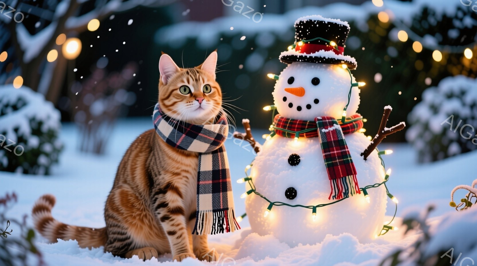 茶色の縞模様の猫が雪の上に座り、チェック柄のマフラーを巻いています。背景には雪だるまが飾られており、小さな電飾でライトアップされています。雪景色の中で、暖かく穏やかな冬の雰囲気が漂っています。 - AI生成フリー素材