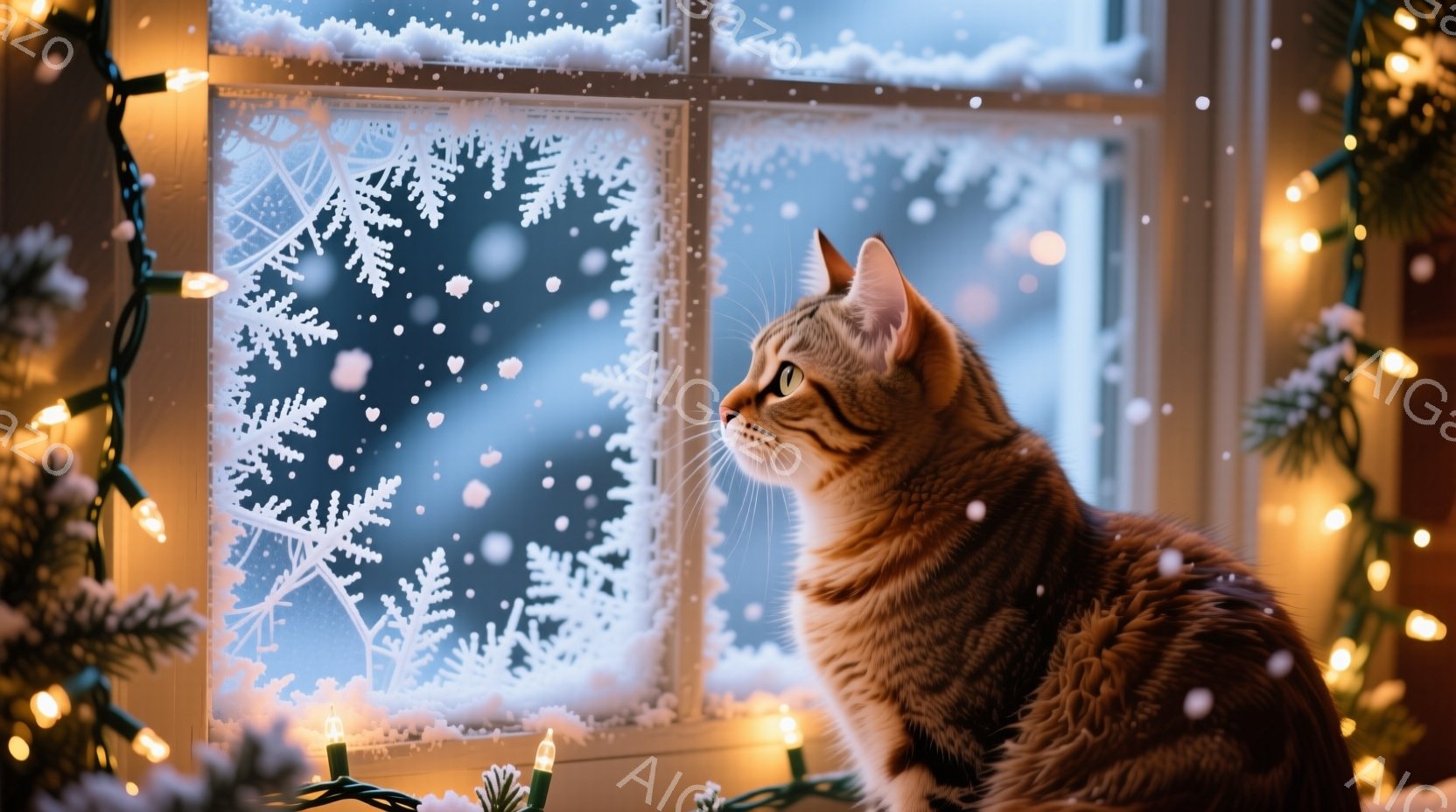 暖炉のそばの窓辺に、毛並みの美しいオレンジ色のトラ猫が座り、外の雪景色を眺めている。窓には雪の結晶の模様が描かれており、背景には雪が舞う冬の風景が広がり、温かく穏やかな雰囲気を醸し出している。イルミネ - AI生成フリー素材