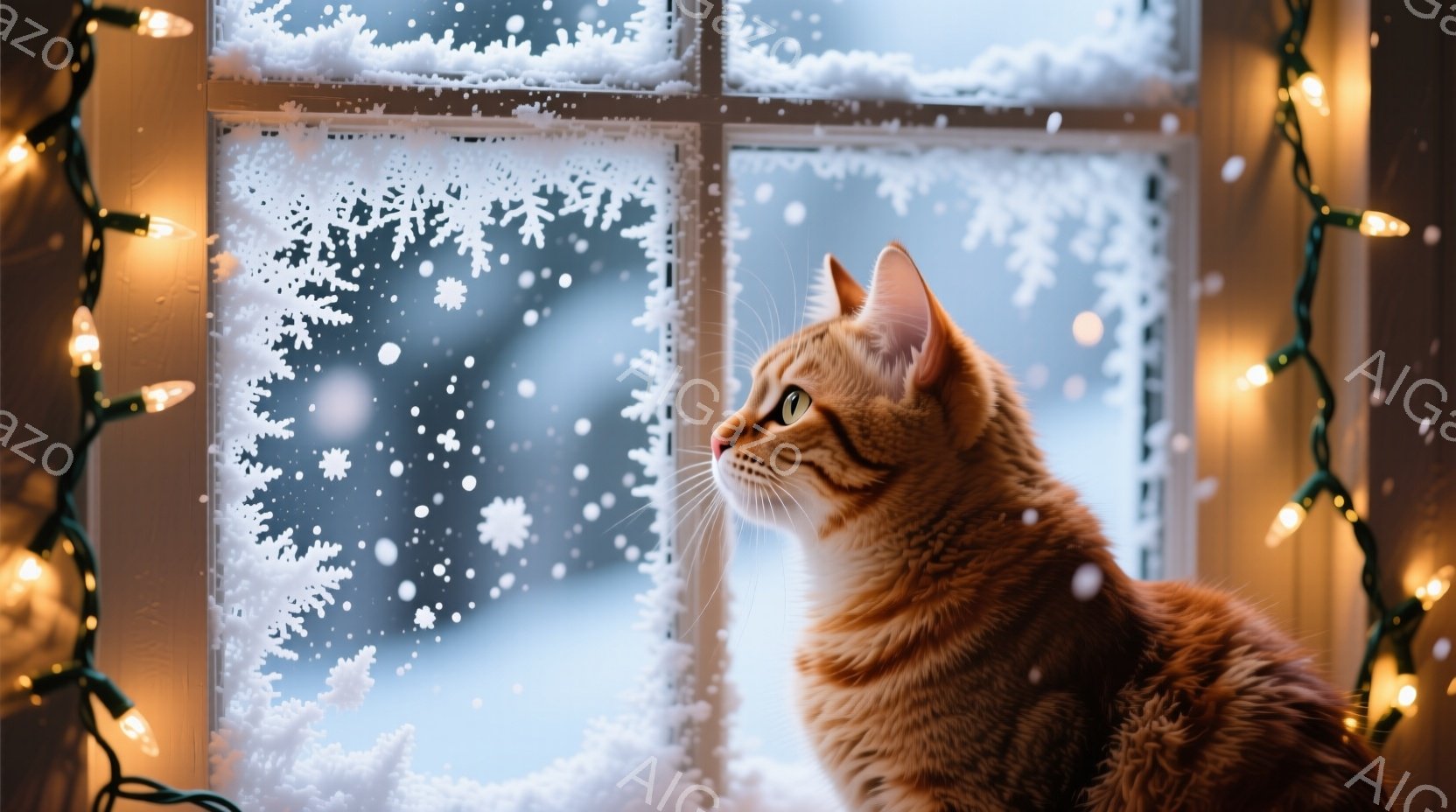 オレンジ色の毛並みの猫が窓の外を見つめている。窓ガラスには雪の結晶が描かれており、背景には雪景色が広がり、冬の静けさが感じられる。窓の周りには温かい光を放つイルミネーションが飾られ、猫の姿と合わせて、 - AI生成フリー素材