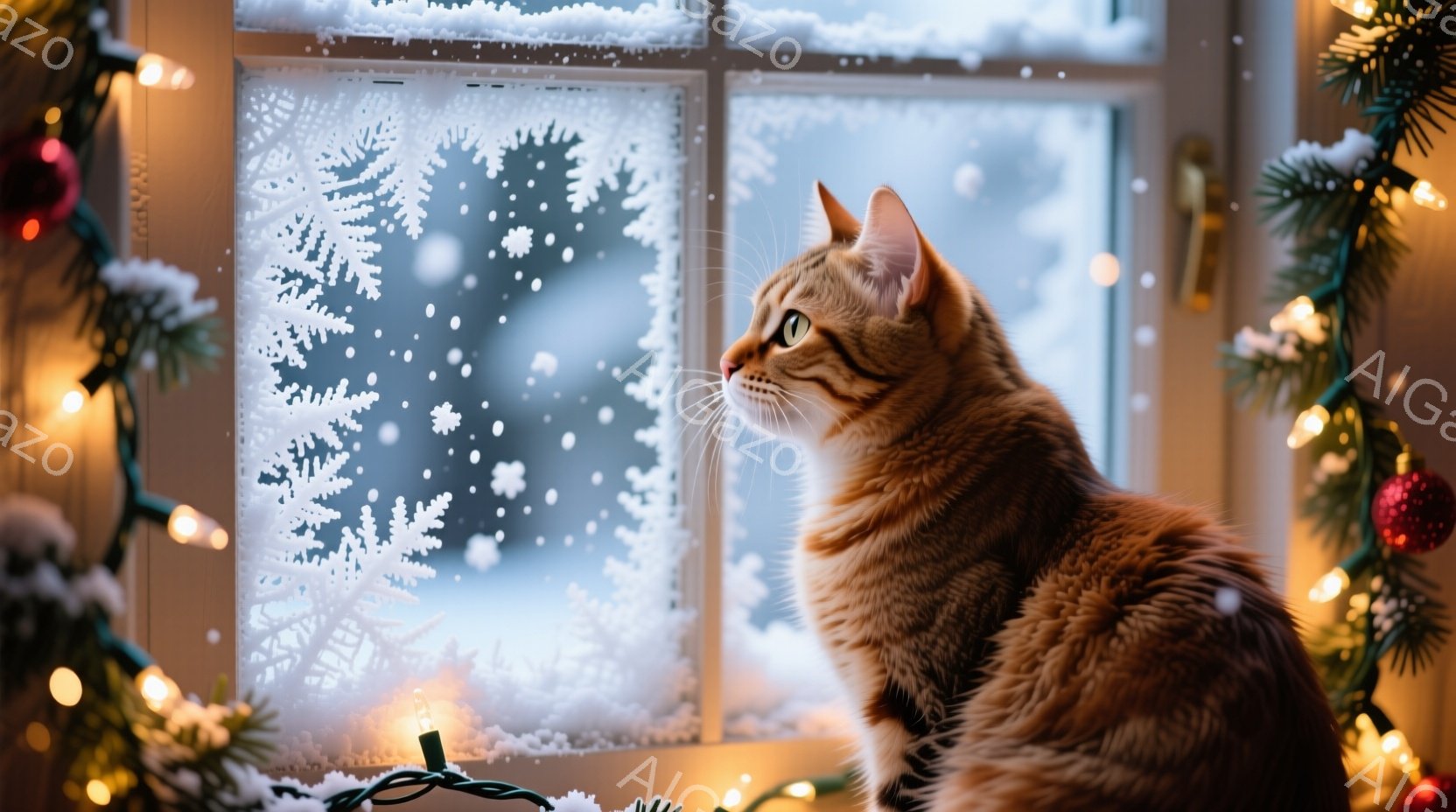 暖炉のそばにある窓の外を眺める、茶色の縞模様の猫が写っています。猫は少し上を見上げ、興味津々とした表情を浮かべています。背景には雪が降り積もり、窓には雪の結晶が描かれており、クリスマスツリーの装飾が窓枠を縁取っているため、冬の暖かく心地よい雰囲気が漂っています。
