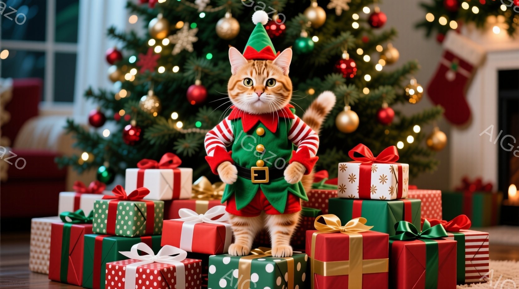 オレンジ色のトラ猫が、緑色のエルフの衣装を着てプレゼントの山の上に立っています。猫は前足を組み、真剣な表情でカメラを見つめており、クリスマスの装飾が施された背景には、明るく輝くクリスマスツリーと暖炉が - AI生成フリー素材