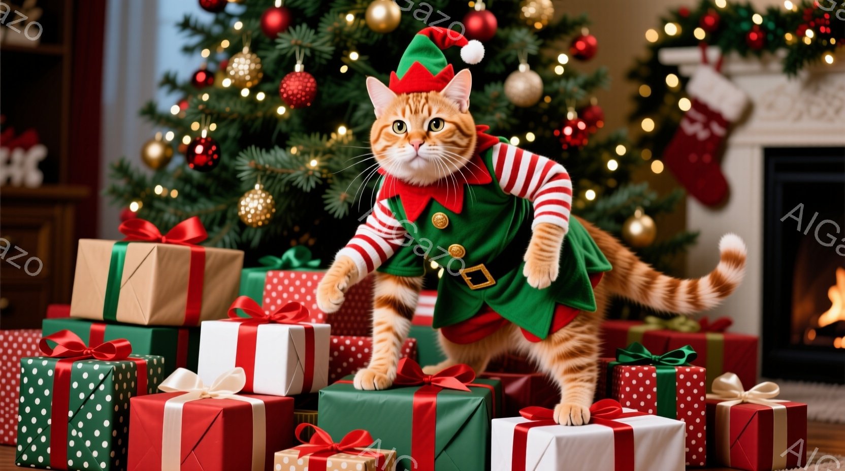 鮮やかなクリスマスツリーを背景に、プレゼントの山の上にオレンジ色の毛並みの猫が立っています。猫は緑と赤のストライプの服を着ており、緑色の帽子をかぶっています。全体的に、暖かくお祝いの雰囲気があり、クリ - AI生成フリー素材