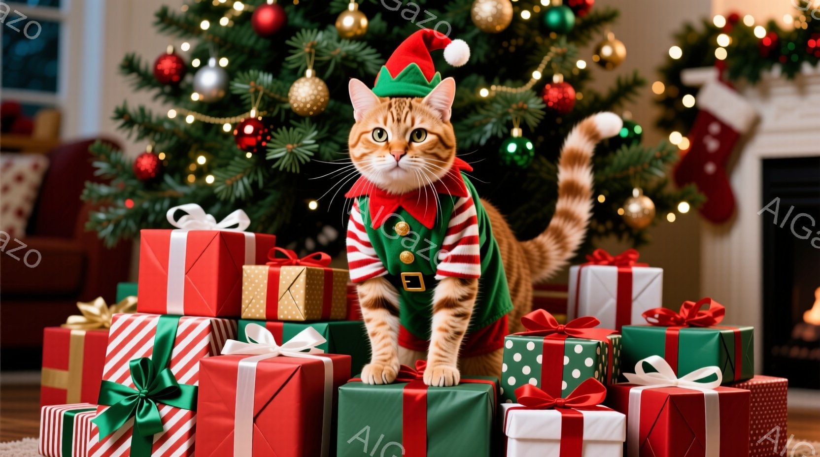 オレンジ色の毛並みの猫が、クリスマスツリーの前に積み上げられたプレゼントの上に座っています。猫は緑色のクリスマス風の衣装を着ており、赤い帽子をかぶっています。背景には、キラキラと光るクリスマスツリーと - AI生成フリー素材