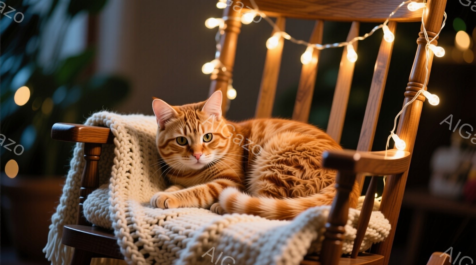 明るいオレンジ色の毛並みをした猫が、手編みのクリーム色のブランケットの上に揺り椅子にゆったりと横たわっています。猫はリラックスした表情で、まるで自分が王様であるかのように堂々と座っています。背景にはぼやけた植物が見え、あたたかい光のストリングライトが飾り付けられており、心地よく落ち着いた雰囲気を作り出しています。