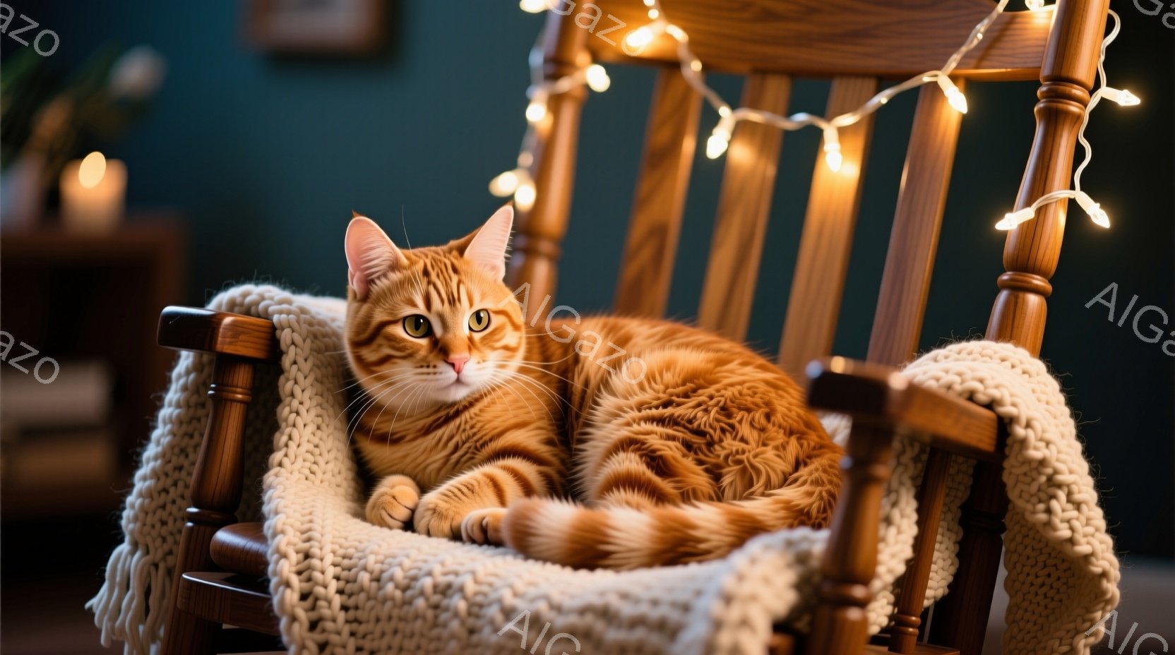 暖炉のそばにあるロッキングチェアに、オレンジ色の毛並みの猫がゆったりと横たわっています。猫はリラックスした表情で、まるで椅子が自分のためのものだとでも言うように落ち着いています。背景にはぼんやりと家具 - AI生成フリー素材