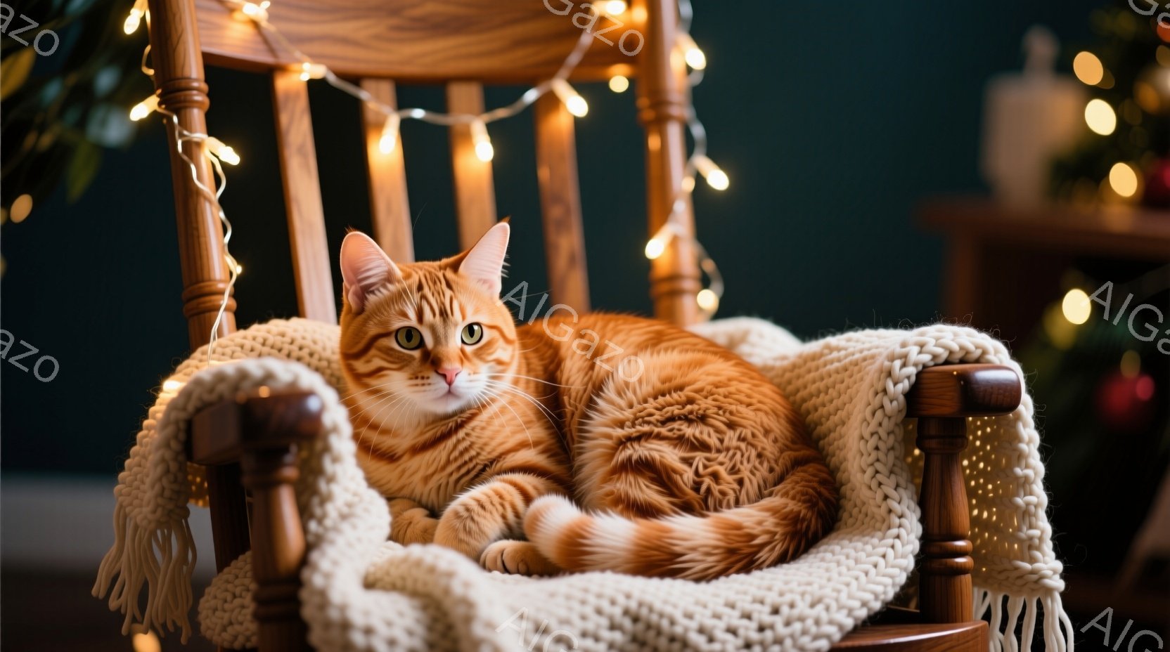 明るいオレンジ色の毛並みの猫が、木のロッキングチェアに丸まって横たわっています。オフホワイトのざっくりとした編み物のブランケットが猫を暖かく包み込み、リラックスした様子が伺えます。背景にはぼやけたクリ - AI生成フリー素材