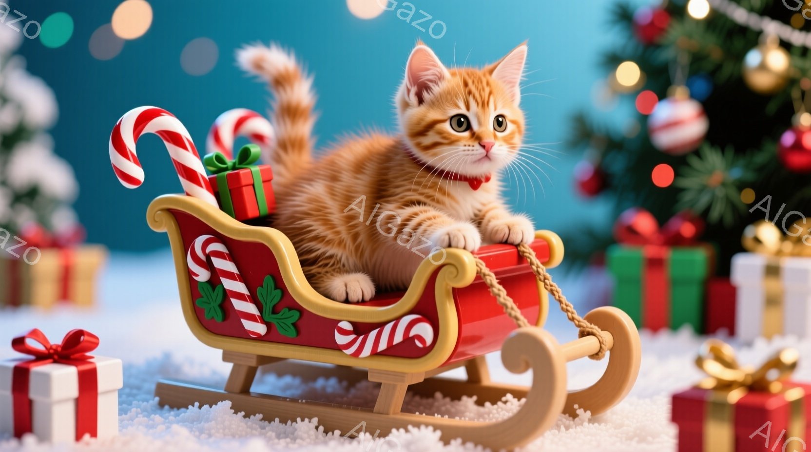 オレンジ色の小さな子猫が赤いそりに座り、プレゼントとキャンディケーンに囲まれています。子猫は緑色の首輪をつけ、前足をそりの縁につかみ、好奇心いっぱいの表情をしています。背景には、プレゼントの山と緑色の - AI生成フリー素材