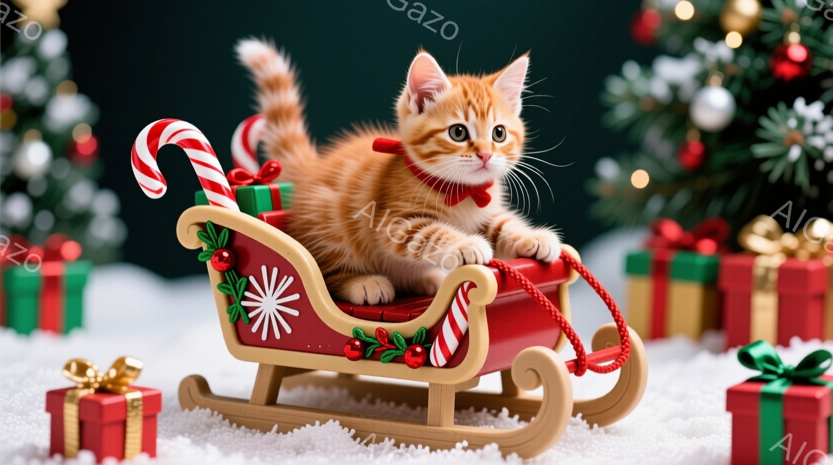 明るいオレンジ色の毛並みの子猫が、赤いそりに乗って楽しそうにポーズをとっています。首には赤いリボンが結ばれており、クリスマスの飾り付けられた背景にはプレゼントやキャンディケーン、そして緑のクリスマスツ - AI生成フリー素材
