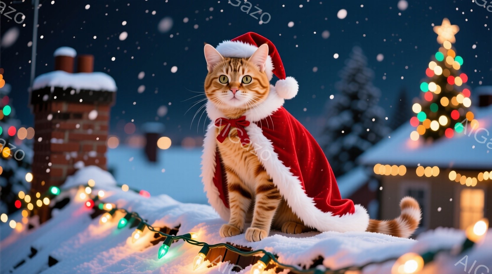 縞模様の猫がサンタクロースの衣装を着て、雪の積もった屋根の上で座っています。猫は赤いマントと帽子を身につけ、穏やかな表情でカメラを見ています。背景には、クリスマスツリーが飾られた家々が広がり、雪が降る - AI生成フリー素材