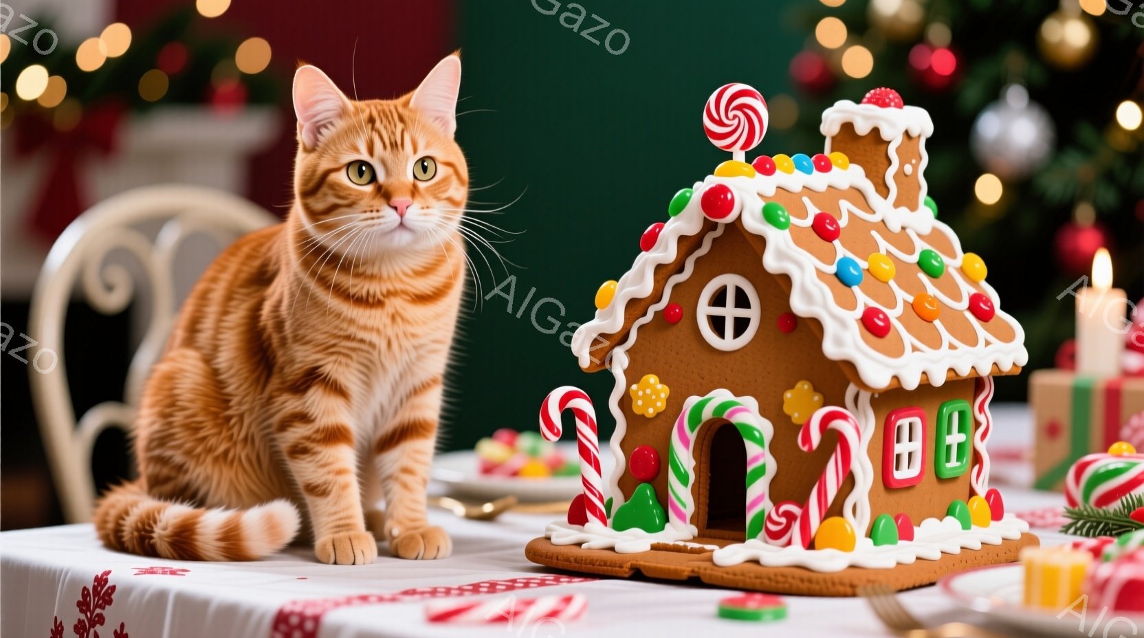 暖炉の前に置かれたテーブルの上で、美しいオレンジ色の縞模様の猫が座っています。その猫は少し上目遣いで、まるでテーブル上のジンジャーブレッドハウスを見つめているようです。背景にはぼやけたクリスマスツリー - AI生成フリー素材