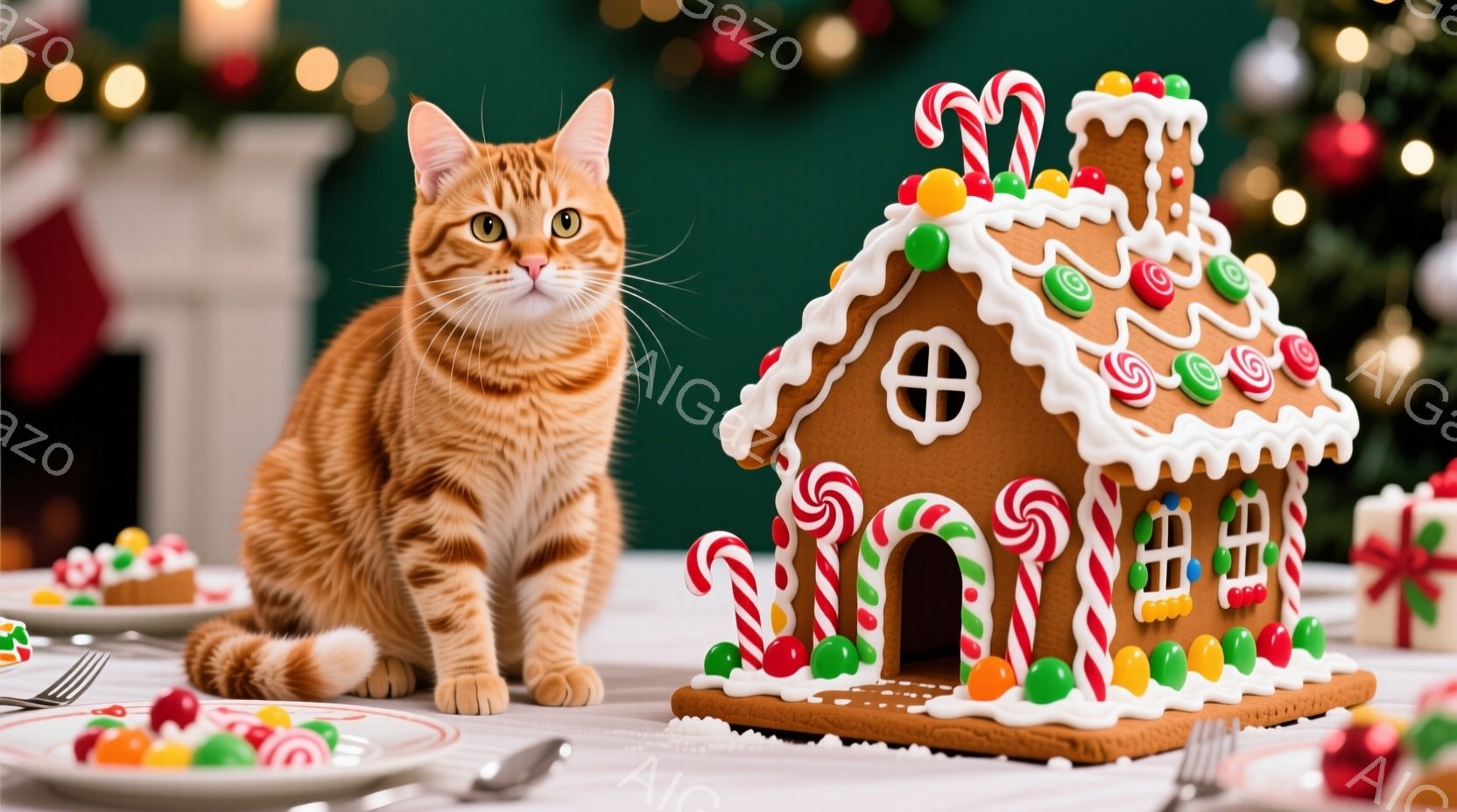 鮮やかなオレンジ色の猫が、クリスマスを象徴するジンジャーブレッドハウスの横に座っています。猫は正面を見据え、興味深そうな表情で、まるでそのお菓子のお家を見ているかのようです。背景には、クリスマスツリーや装飾が見え、全体的に暖かく、お祝いの雰囲気が漂っています。