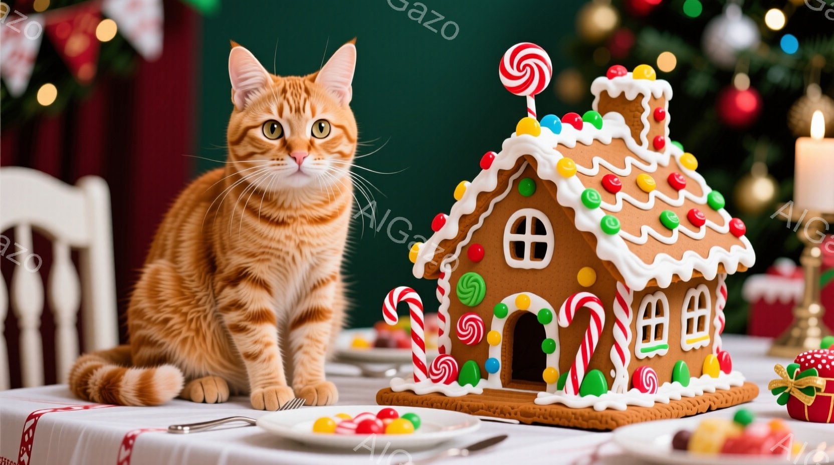 オレンジ色のトラ猫が白いテーブルの上に座っており、大きなジンジャーブレッドハウスを見つめている。背景にはクリスマスツリーのぼんやりとした緑と、赤いテーブルクロスが見え、お祭りの雰囲気が漂っている。ジンジャーブレッドハウスはカラフルなキャンディーとアイシングで飾られ、テーブルの上にはキャンディーが散りばめられた皿もある。