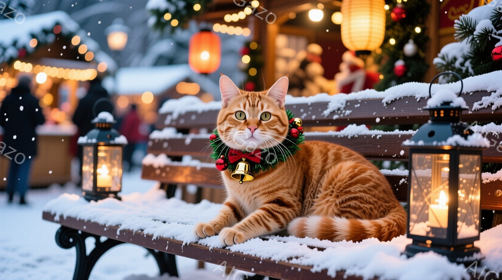 オレンジ色の縞模様の猫が、雪の積もった木製のベンチに座ってこちらを見ています。首には赤いリボンと鈴がついたクリスマスカラーの首輪が巻かれており、背景にはクリスマスマーケットの賑やかな光景と、ぼやけた人 - AI生成フリー素材
