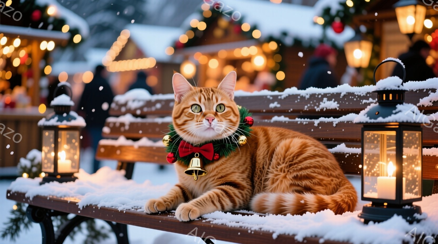 オレンジ色の縞模様の猫が、雪で覆われたベンチに横たわっています。首には赤いリボンと鈴のついた可愛らしい首輪が巻かれ、リラックスした表情で正面を見つめています。背景には、ぼやけたクリスマスマーケットの光 - AI生成フリー素材