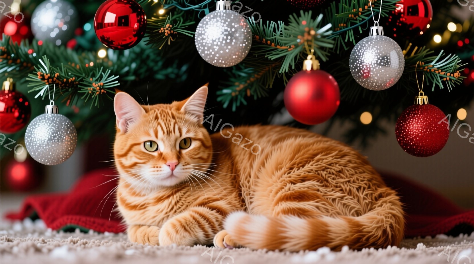 オレンジ色の長毛の猫が、クリスマスツリーの下になびいており、照れた目を持ち、全体としてかわいらしい印象がある。