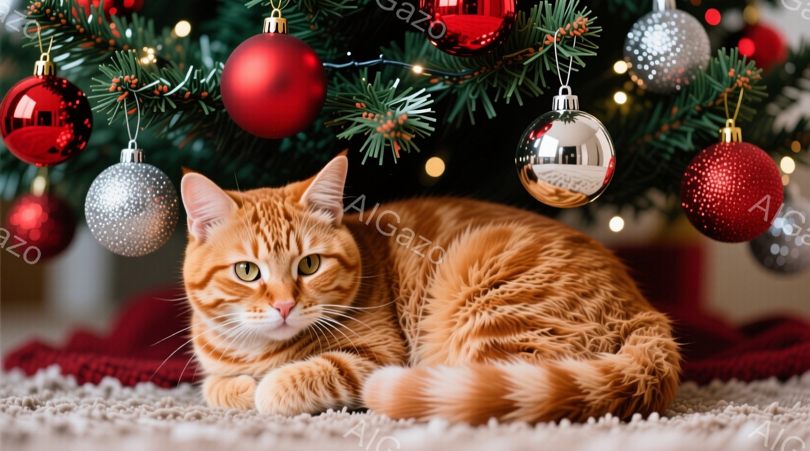 鮮やかなオレンジ色の毛並みを持つ猫が、カーペットの上に丸まって横たわっています。背景にはクリスマスツリーが飾られ、赤いオーナメントが目立ち、温かくお祝いの雰囲気を醸し出しています。猫はリラックスした表 - AI生成フリー素材