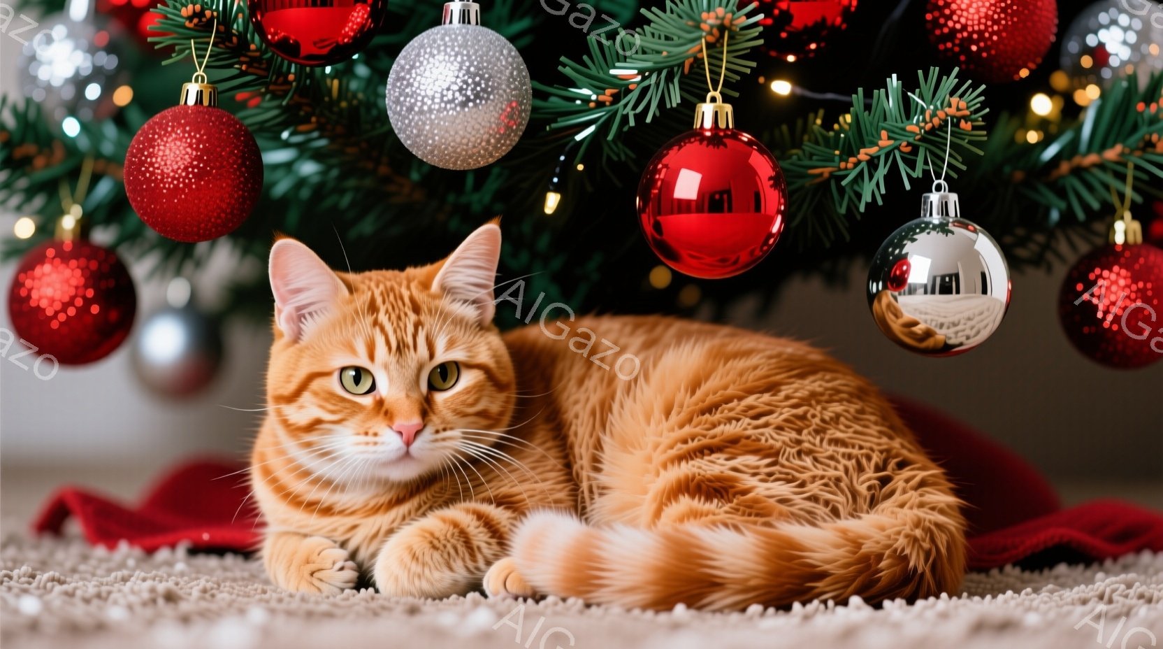 明るいオレンジ色の毛並みの猫が、赤い毛布の上で横たわっています。背景には、クリスマスツリーが飾られ、赤や銀色のオーナメントが輝いており、温かく華やかな雰囲気を醸し出しています。猫はリラックスした表情で - AI生成フリー素材