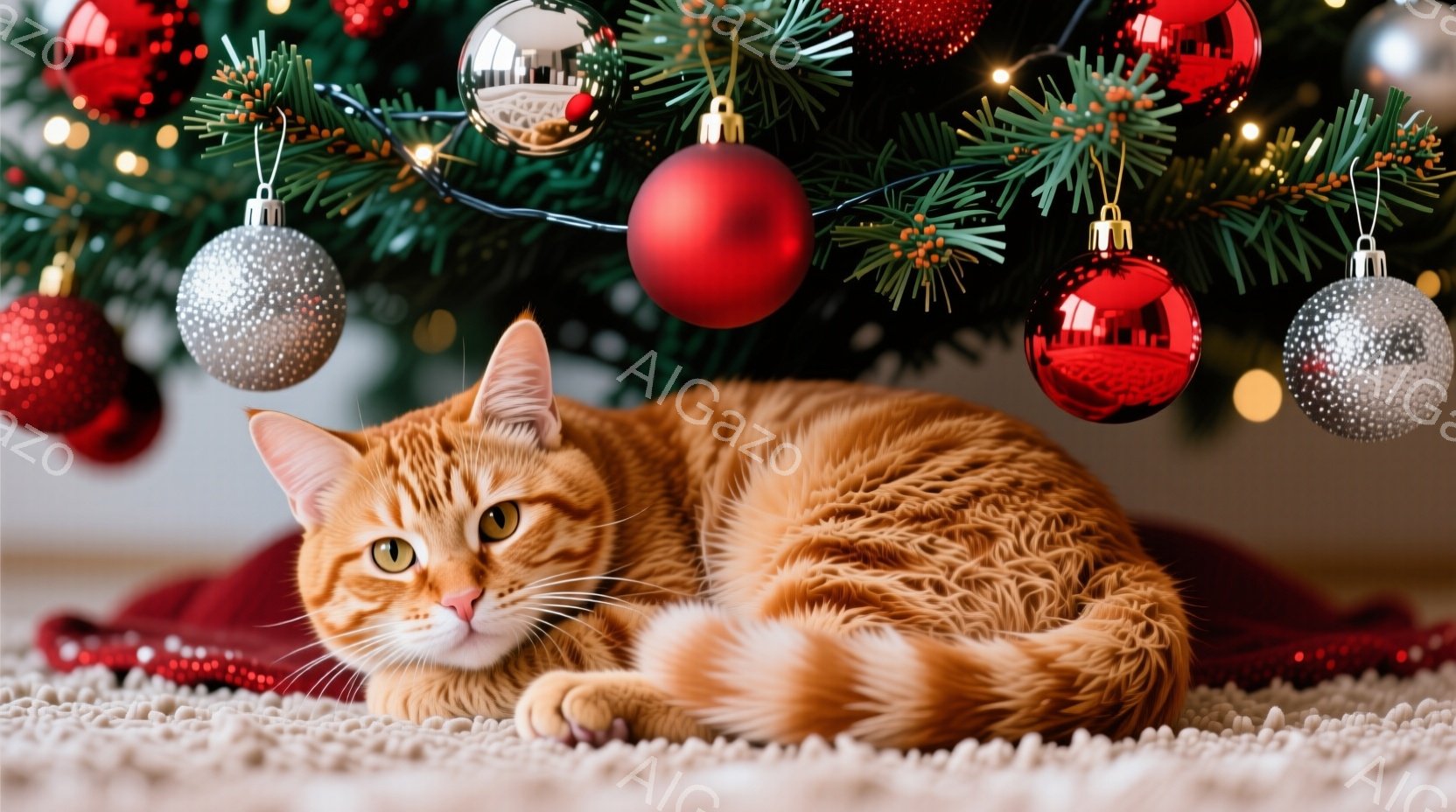 オレンジ色の毛並みを持つ猫が、赤い毛布の上に丸まって横たわっています。背景にはクリスマスツリーが飾られ、赤いオーナメントや光が輝き、暖かく穏やかな雰囲気を醸し出しています。猫はリラックスした表情で、カ - AI生成フリー素材