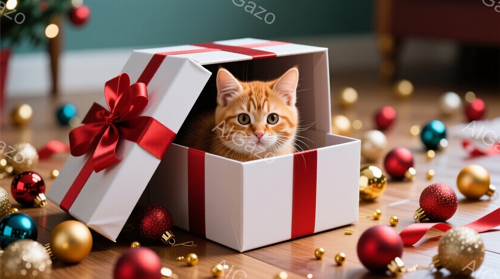 白いギフトボックスにオレンジ色のキティが顔を出しています。キティは好奇心旺盛な表情で、少しだけ箱の中から外を見ています。背景には、様々な色のクリスマスオーナメントが散らばり、お祝いの雰囲気を醸し出して - AI生成フリー素材