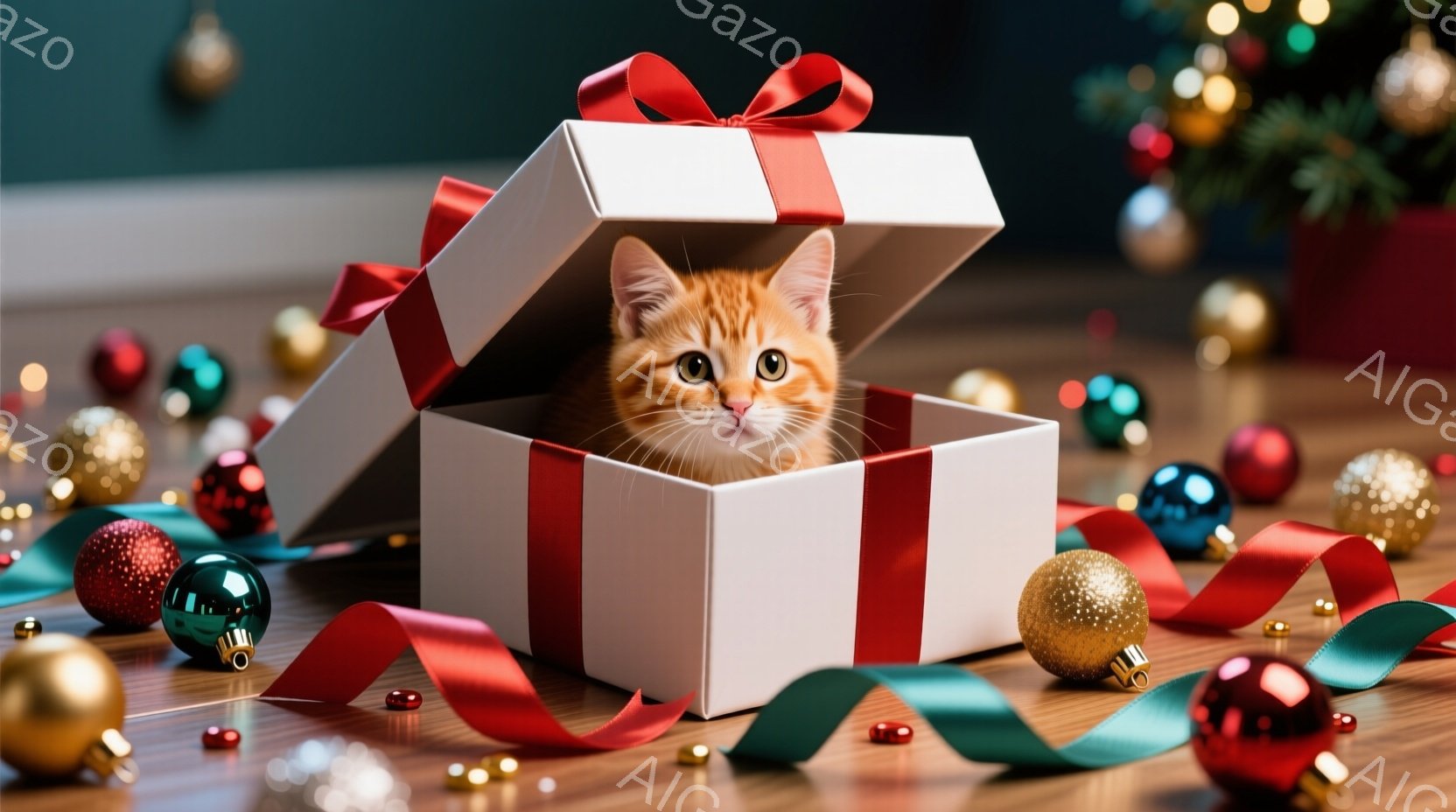 オレンジ色の小さな子猫が、赤いリボンで飾られた白いギフトボックスの中に座っています。背景には、様々な色のクリスマスオーナメントが散らばり、木の一部が見え、お祝いの雰囲気を作り出しています。子猫は好奇心 - AI生成フリー素材