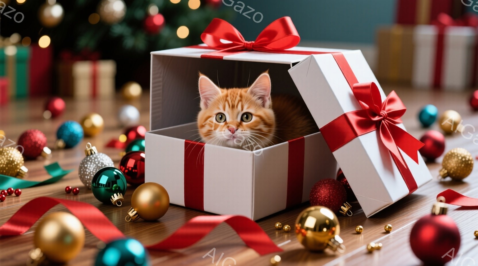 白いギフトボックスの中に、オレンジ色の毛並みの小さな子猫が顔を出しています。明るい緑色の瞳で見つめ、ちょこんと座って好奇心旺盛な表情をしています。背景には、クリスマスツリーや赤いリボン、様々な色のクリ - AI生成フリー素材