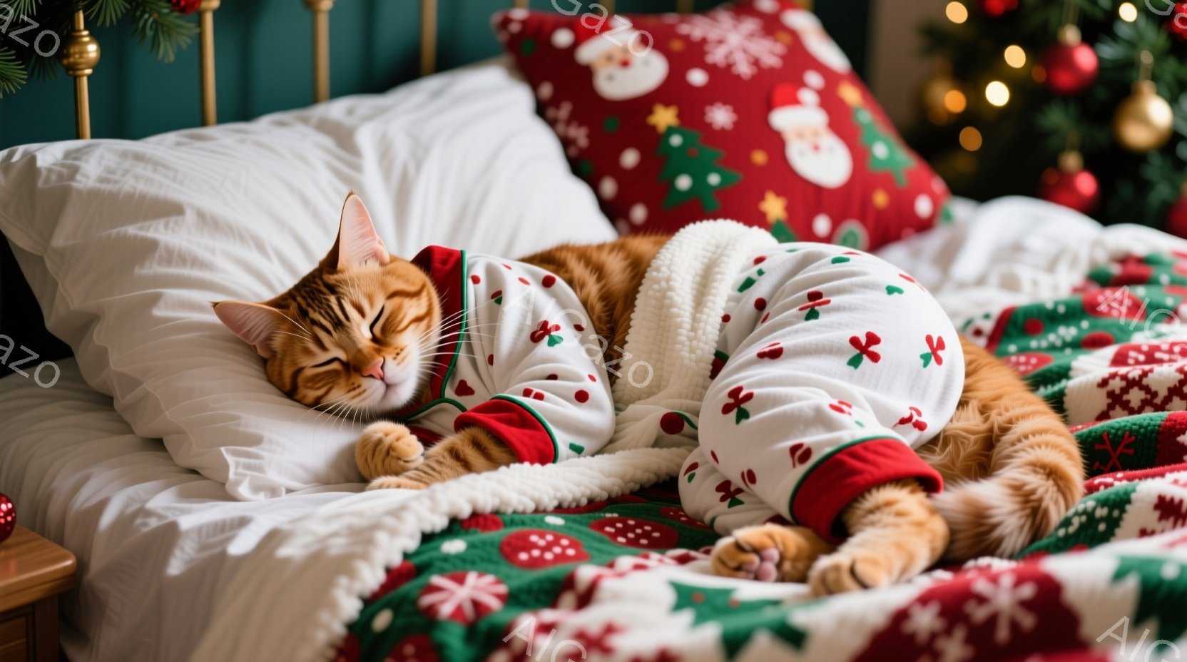 オレンジ色の毛並みの猫が、白い地に赤い模様が入ったクリスマス柄のパジャマを着て、ベッドの上でリラックスして横たわっています。猫は目を細めて穏やかな表情をしており、前足を体の前に伸ばして安らかに眠ってい - AI生成フリー素材