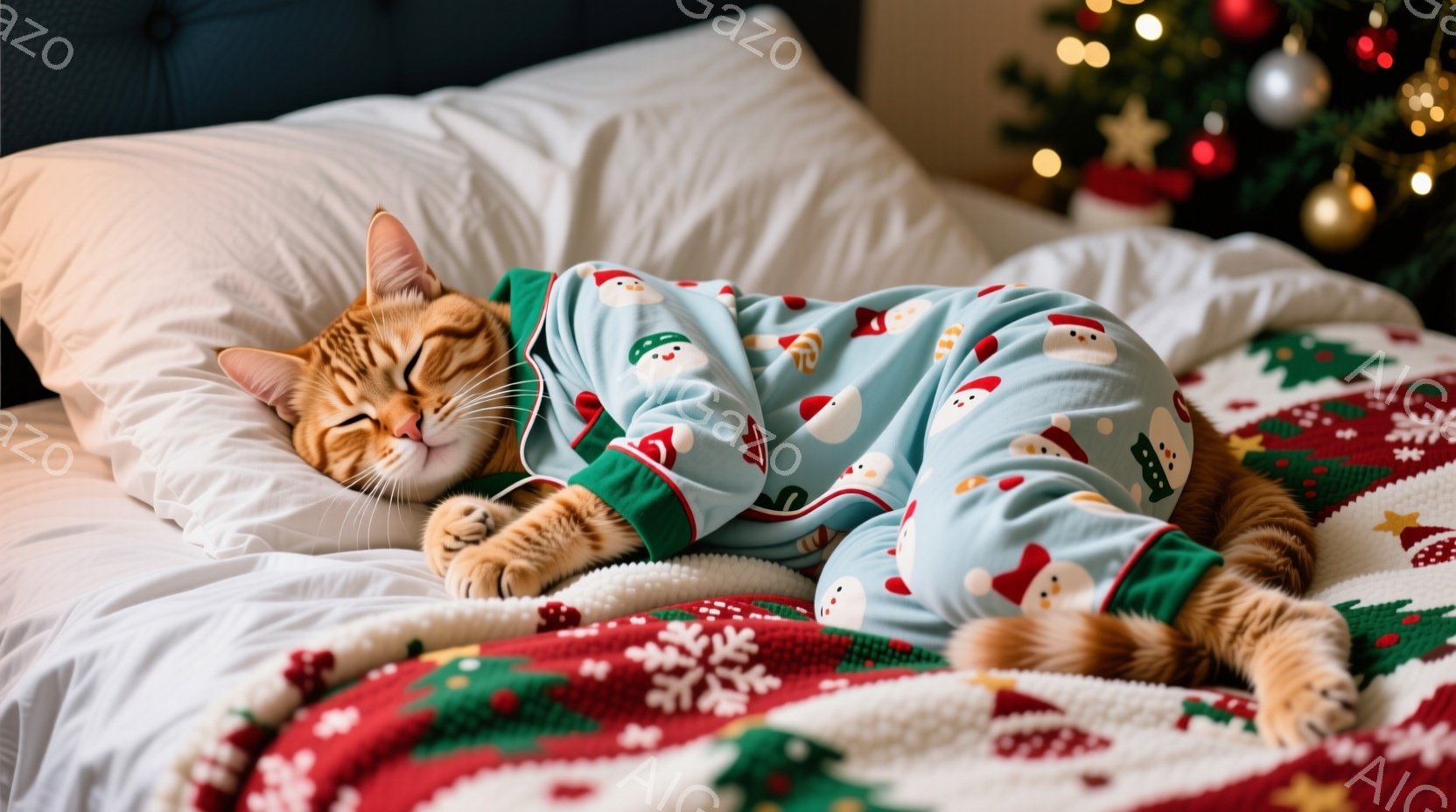縞模様の猫が、クリスマスの雪だるま柄のパジャマを着て仰向けに寝ています。猫は目を閉じてリラックスした表情で、手足を伸ばして快適そうに眠っています。背景には白いベッドシーツと赤い模様の毛布、そしてぼやけ - AI生成フリー素材
