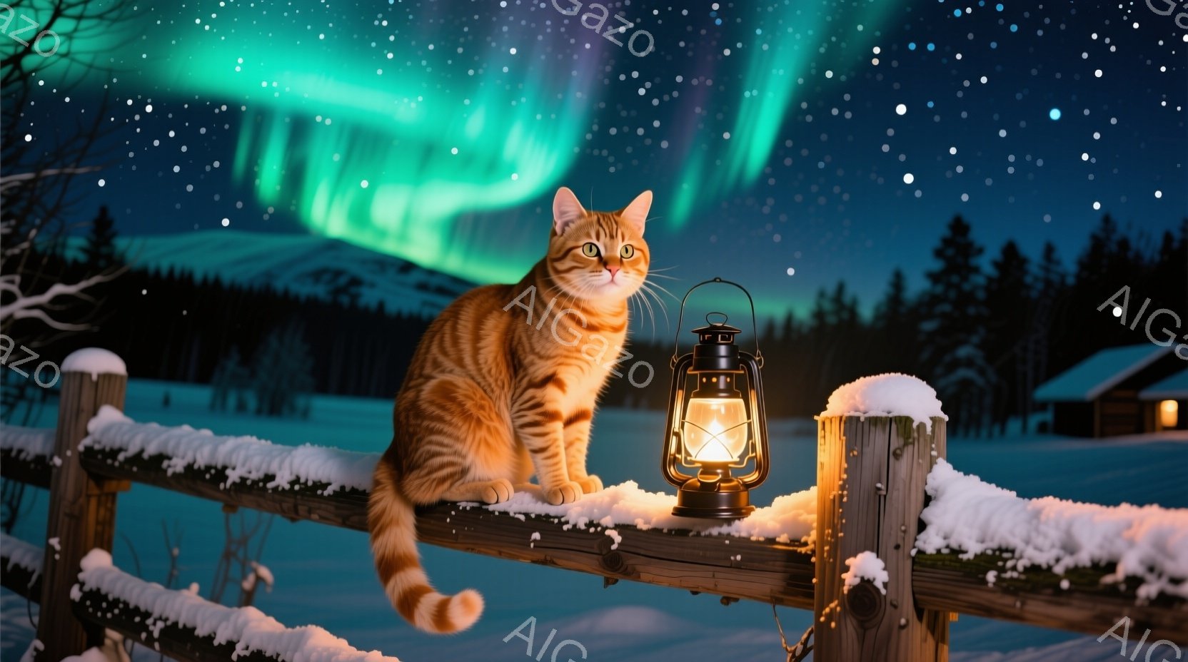 オレンジ色の縞模様の猫が雪に覆われた木の柵の上に座り、遠くの緑色のオーロラを見つめている。柵の上には点灯したランタンが置かれ、周囲は雪景色で、背景には建物の光が見える。全体的に静かで幻想的な冬の夜の雰 - AI生成フリー素材