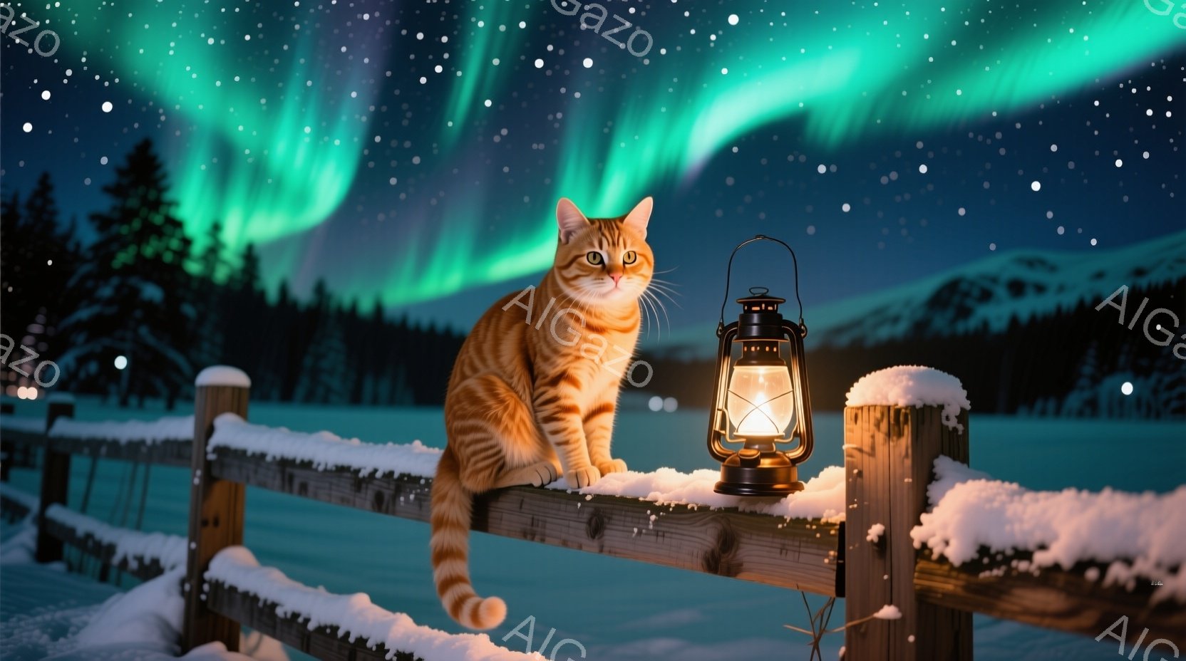 オレンジ色の縞模様の猫が雪に覆われた木の柵の上に座り、前方をじっと見つめています。背景には、緑色のオーロラが夜空を彩り、遠くには雪に覆われた山々が連なっています。冷たく静かな冬の夜の、神秘的で穏やかな - AI生成フリー素材