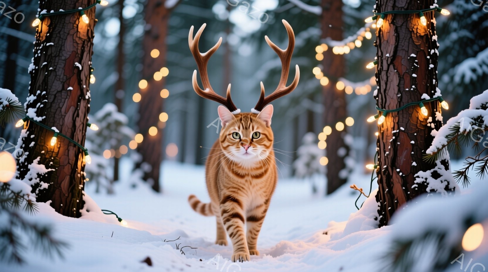 縞模様の猫が、頭に角が生えた状態で雪の中をまっすぐ歩いている。背景には雪をまとった木々が立ち並び、木々の間には温かい光を放つイルミネーションが飾られている。全体的に幻想的で、冬の森の中を歩くユニークな猫の姿が印象的だ。