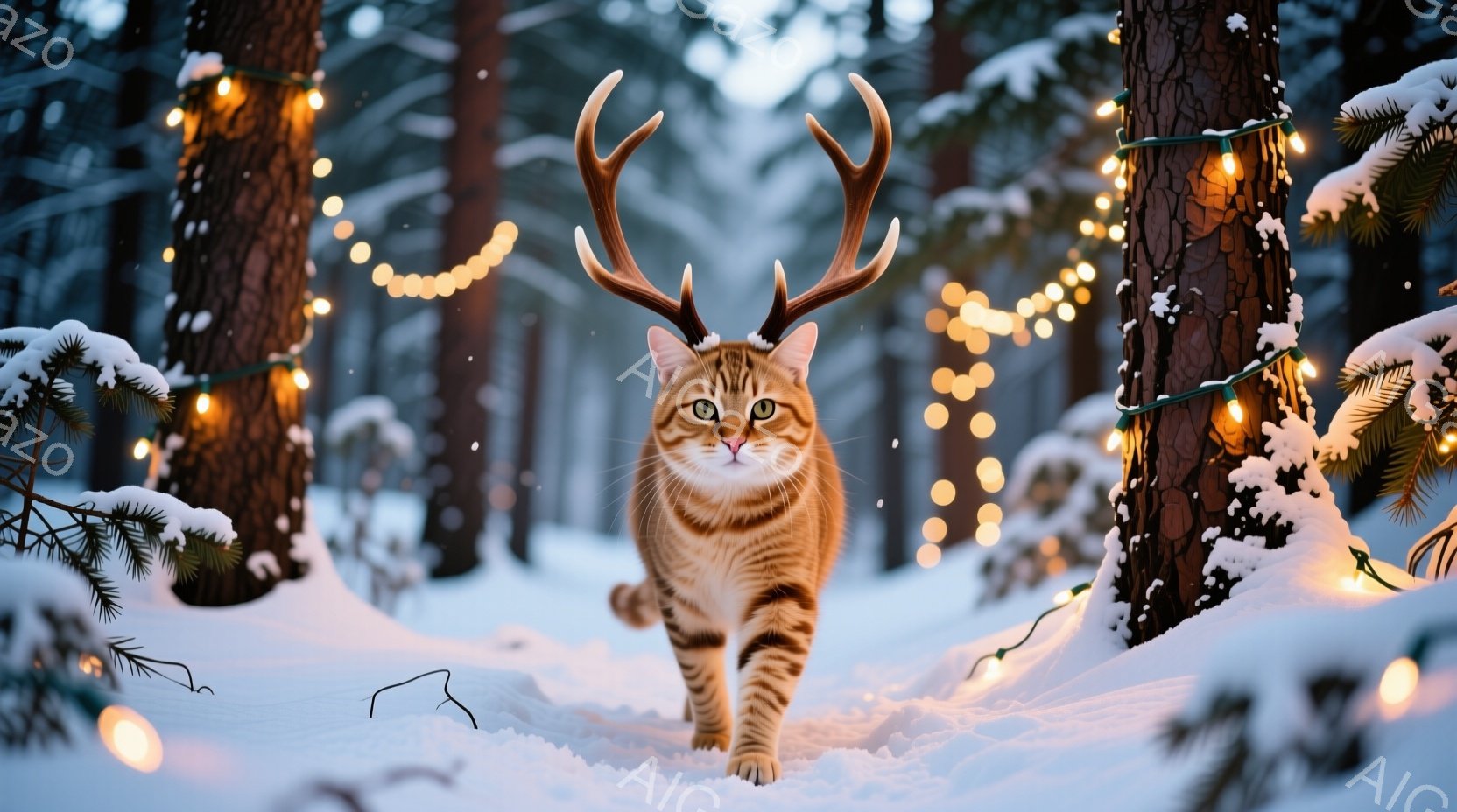 茶色の縞模様の猫が雪の中でまっすぐこちらに向かって歩いてきている。頭には角が生えており、まるで雪の中の雄鹿のようだ。背景には雪に覆われた木々と、光るイルミネーションが散りばめられており、冬の幻想的な雰 - AI生成フリー素材