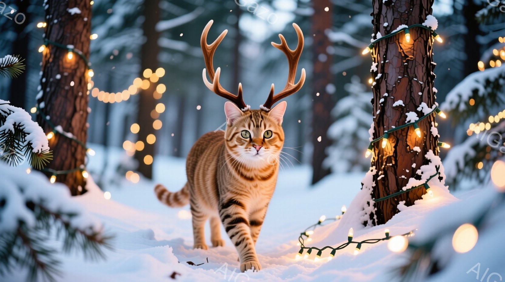 縞模様の猫が雪景色の中をまっすぐこちらを見て歩いてくる様子が写っている。猫の頭には角が生えており、まるで冬の森の精霊のような幻想的な姿である。背景には雪に覆われた木々が立ち並び、木々には温かい光を放つイルミネーションが飾られており、冬の穏やかで幻想的な雰囲気を醸し出している。