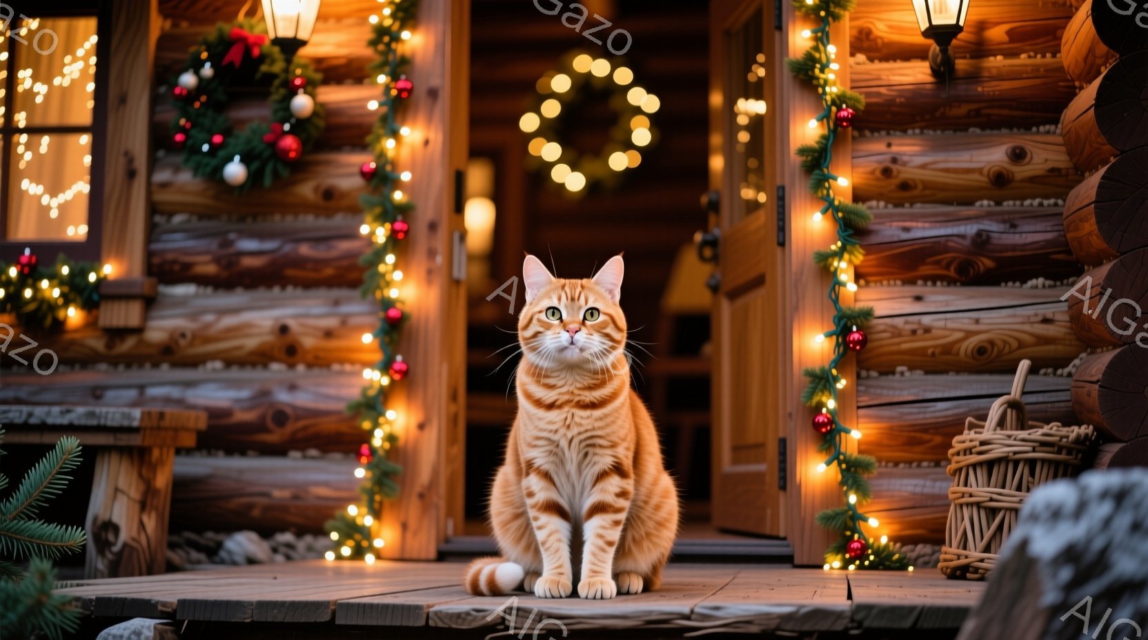 鮮やかなオレンジ色の猫が、丸太造りの家のポーチに座って正面を見つめています。家の周りにはクリスマスイルミネーションが飾り付けられ、クリスマスのリースが飾られています。暖かく穏やかな雰囲気で、冬のクリス - AI生成フリー素材