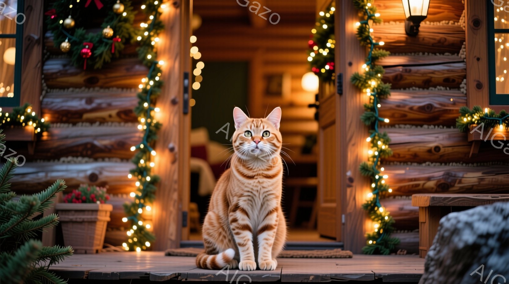 暖炉の光と装飾で飾られた木造の家の階段に、鮮やかなオレンジ色の毛並みの猫が座っています。猫は正面を見ており、好奇心と静けさが混ざった表情をしています。背景には、クリスマスの装飾が施された玄関や、緑豊かな植物が見え、温かく、お祝いムードに包まれた雰囲気です。