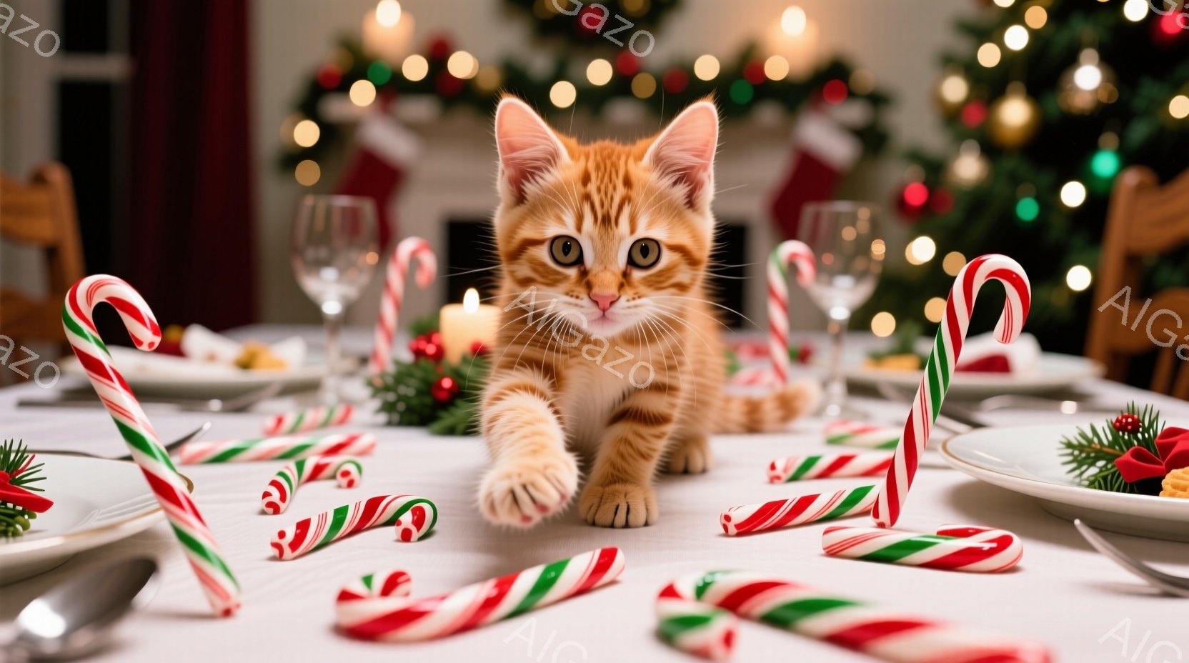 明るいクリスマスをテーマにしたダイニングテーブルの上を、オレンジ色の縞模様の小さな子猫が駆け抜けています。テーブルの上には、キャンディケーンや料理が散らばっており、背景にはクリスマスツリーと飾り付けがぼんやりと見えます。暖かく、遊び心のある雰囲気が漂っており、子猫の活発な動きがクリスマスのお祝いを盛り上げています。