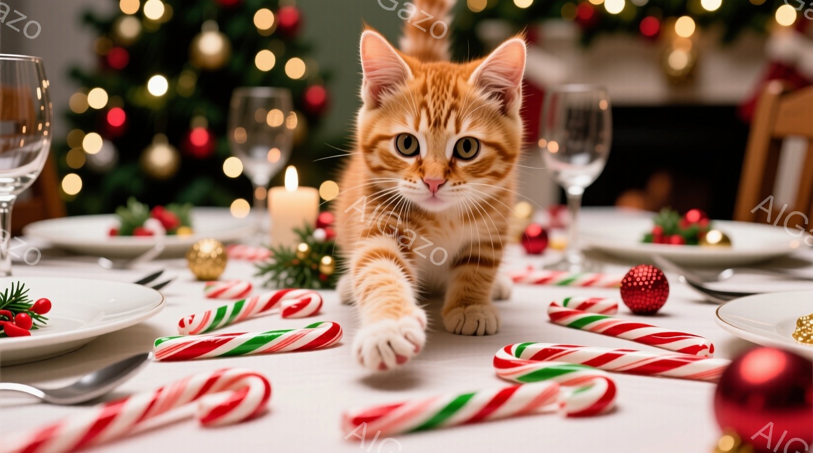 オレンジ色の縞模様の猫が、クリスマスの飾りとキャンディケーンが置かれたテーブルの上を歩いています。猫は前足を伸ばし、少しいたずらっぽい表情でカメラを見ています。背景にはぼやけたクリスマスツリーの光があ - AI生成フリー素材